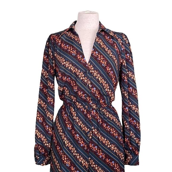 Modcloth Everything & More Jumpsuit Floral Stripe Wide Leg Retro 70's Teal Blue - Picture 4 of 10